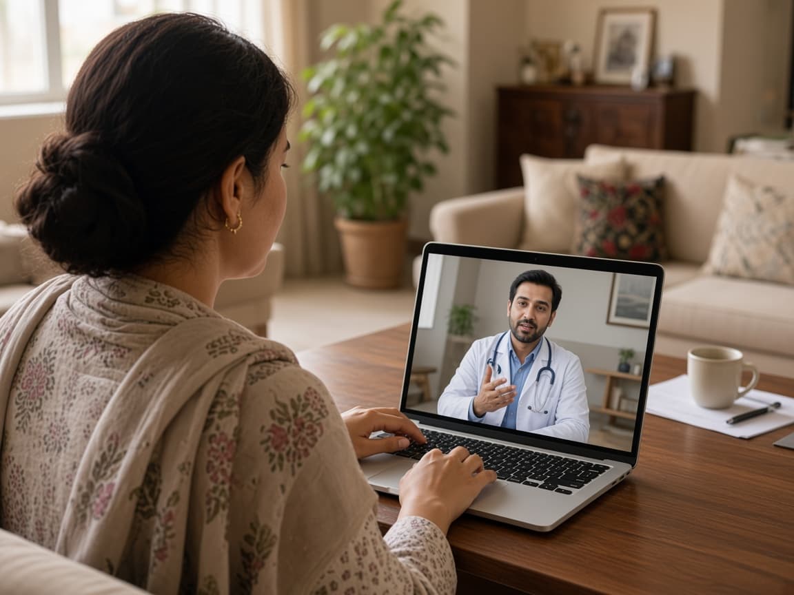 A patient meeting a doctor online on a laptop